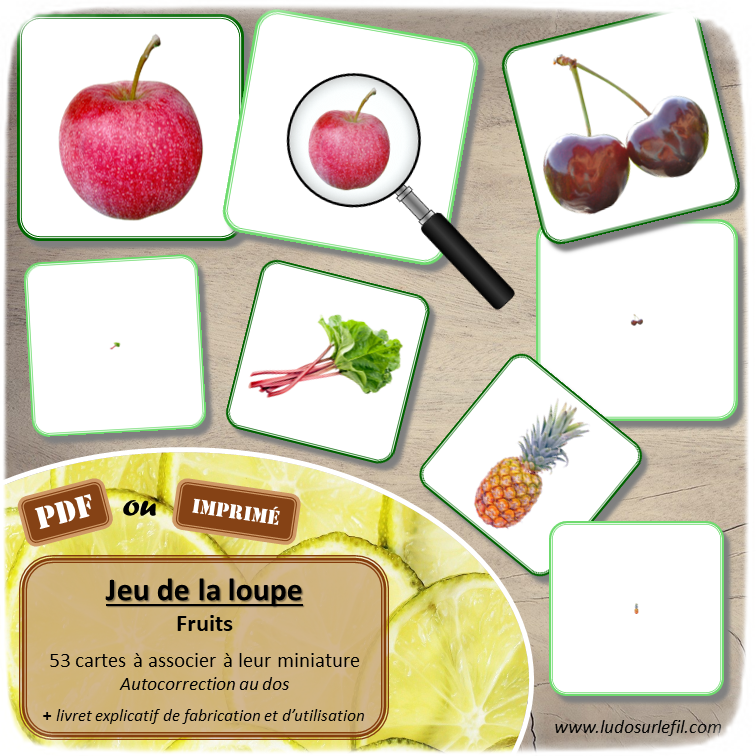 Jeu de la loupe - Fruits - Fruits classiques et locaux, exotiques, à coque - Apprendre à utiliser une loupe - Vocabulaire, lexique - cartes à associer aux miniatures - document PDF à télécharger et à imprimer ou jeu imprimé - atelier autocorrectif et autonome maternelle - Alimentation et Printemps - lslf