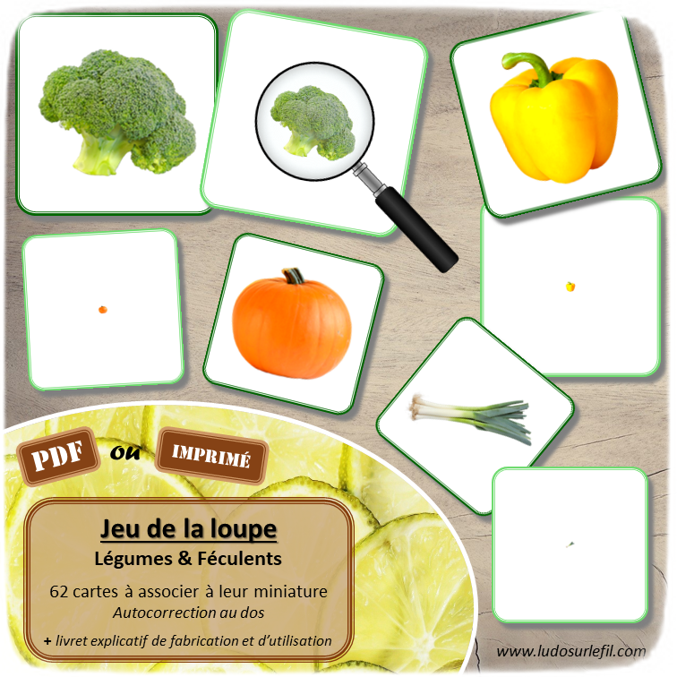 Jeu de la loupe - Légumes et Féculents - Légumes classiques et locaux, plus exotiques, céréales, légumineuses... - Vocabulaire, lexique - cartes à associer aux miniatures - document PDF à télécharger et à imprimer ou jeu imprimé - atelier autocorrectif et autonome maternelle - Alimentation et Printemps - Apprendre à utiliser une loupe - lslf