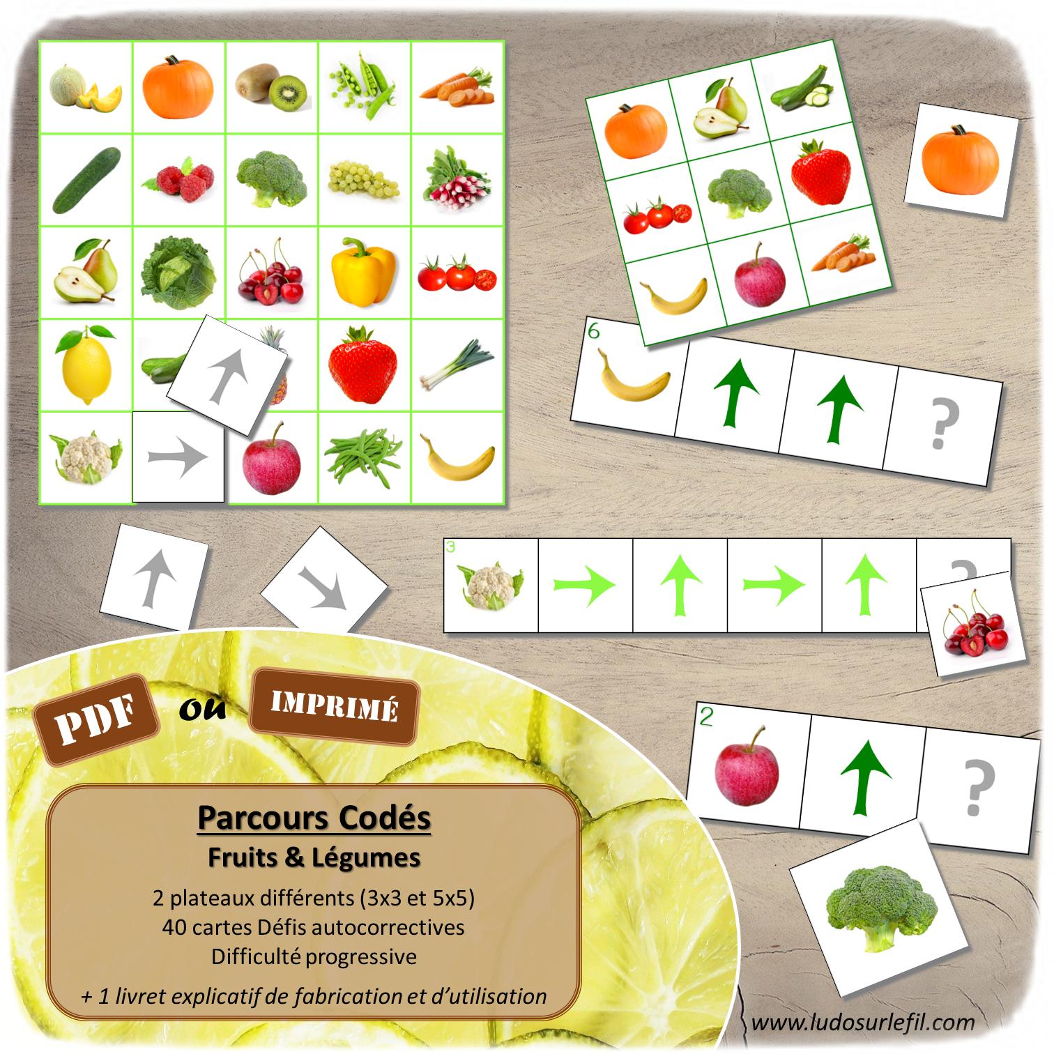 Suis les parcours codés - Fruits et Légumes - Potager et printemps - codage, repérage et vocabulaire spatial - jeu et atelier autonome et autocorrectif Maternelle (Cycle 1) et Primaire (Cycle 2) - Niveaux et difficulté progressifs - PDF à télécharger et à imprimer ou jeu imprimé - difficulté progressive et solutions - lslf