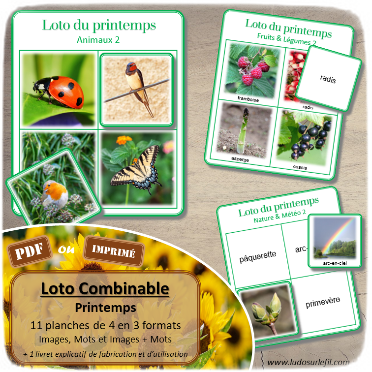 Loto combinable - printemps - images photos noms et mots - jeu progressif et à combiner - lecture et observation - discrimination visuelle - fruits et légumes, animaux, objets, vêtements, météo,, fêtes et événements, éléments symboliques saisons, pâques - PDF à télécharger et à imprimer ou jeu imprimé - Atelier maternelle ou cycle 2 - lexique vocabulaire - lslf