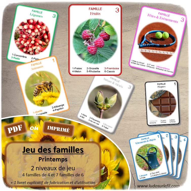 Jeu des familles de type 7 familles - Printemps et saisons - Fruits, Légumes, Animaux, Vêtements et Objets, Nature et Météo, Fête et événements, Pâques - 2 niveaux - parfait pour débutants et non lecteurs - initiation - PDF à télécharger et à imprimer ou jeu imprimé - lecture, logique, vocabulaire, lexique, connaissances saisons - lslf