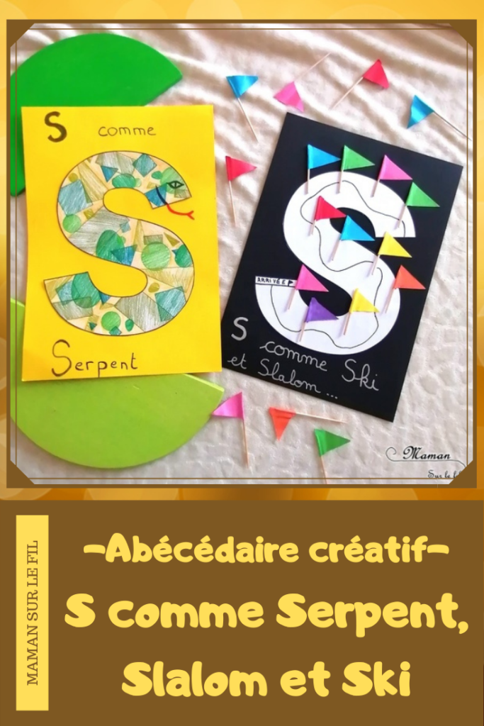 Abécédaire créatif - S comme Serpent Slalom et Ski - activité manuelle enfants - dessin, formes géométriques au pochoir, crayons de couleur, collage drapeau- apprentissage lettres alphabet - maternelle - Alphabets lettres creuses gratuit - mslf