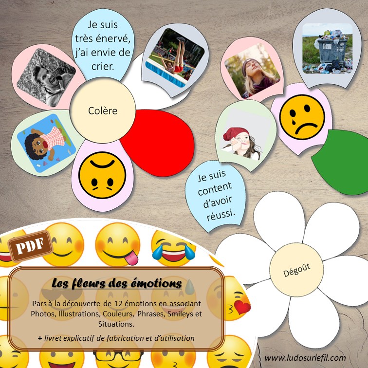 Les fleurs des émotions - Jeu d'association pour aborder les émotions avec les enfants - Reconstitue les fleurs en associant émotion, photo, illustration, couleur, phrase description de l'émotion, smiley et situations ou objets - Thème printemps - Support au dialogue, au langage oral, à l'explicitation, au vocabulaire - Document PDF à imprimer Gratuit - Préscolaire, maternelle et élémentaire - 12 émotions - atelier - Cycle 1 ou 2 - à télécharger et à imprimer - lslf