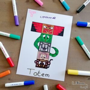 Abécédaire créatif - T comme Totem Toupie et Tampon - activité manuelle enfants - dessin, coloriage, motricité fine, technique peinture avec encre et toupie, tampons - - apprentissage lettres alphabet - maternelle - Alphabets lettres creuses gratuit - créative - Amérique du Nord - Amérindiens - Indiens - mslf