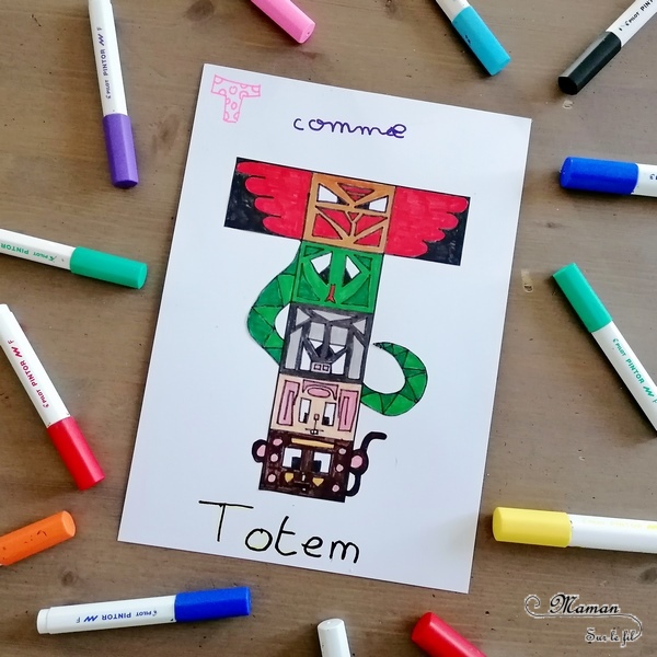 Abécédaire créatif - T comme Totem Toupie et Tampon - activité manuelle enfants - dessin, coloriage, motricité fine, technique peinture avec encre et toupie, tampons - - apprentissage lettres alphabet - maternelle - Alphabets lettres creuses gratuit - créative - Amérique du Nord - Amérindiens - Indiens - mslf