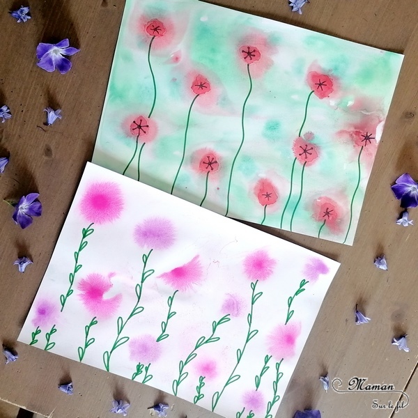 Activité créative enfants - Peindre des champs de fleurs et de coquelicots avec une technique type aquarelle - Eau + gouache en pastilles - découverte d'une technique de peinture - Dessin pour tiges, feuilles et coeurs des coquelicots, graphisme - Motricité fine - Créativité - Printemps - arts visuels maternelle et Cycle 1 et 2 - mslf