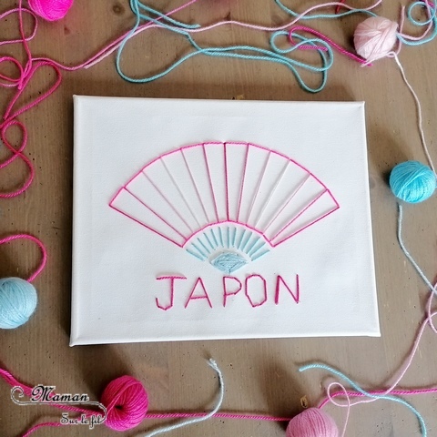 Activité créative enfants - Eventail japonais brodé sur toile - Broderie avec laine fine ou fil - Motricité fine - Réalisation d'un tableau - Géométrie - cercle et angles pour dessiner l'éventail - Créativité - Asie et Japon - Découverte d'un pays - Espace et géographie - arts visuels et atelier maternelle et Cycles 1, 2 et 3 - mslf