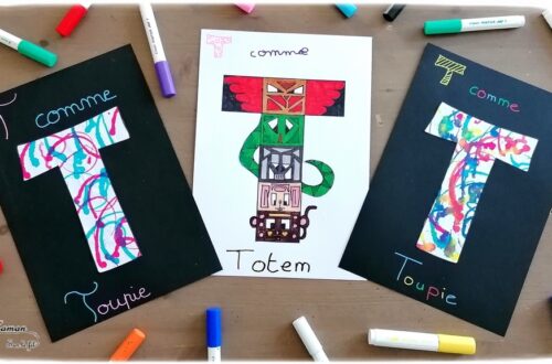 Abécédaire créatif - T comme Totem Toupie et Tampon - activité manuelle enfants - dessin, coloriage, motricité fine, technique peinture avec encre et toupie, tampons - - apprentissage lettres alphabet - maternelle - Alphabets lettres creuses gratuit - créative - Amérique du Nord - Amérindiens - Indiens - mslf