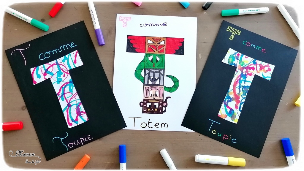 Abécédaire créatif - T comme Totem Toupie et Tampon - activité manuelle enfants - dessin, coloriage, motricité fine, technique peinture avec encre et toupie, tampons - - apprentissage lettres alphabet - maternelle - Alphabets lettres creuses gratuit - créative - Amérique du Nord - Amérindiens - Indiens - mslf