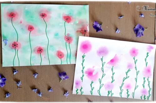 Activité créative enfants - Peindre des champs de fleurs et de coquelicots avec une technique type aquarelle - Eau + gouache en pastilles - découverte d'une technique de peinture - Dessin pour tiges, feuilles et coeurs des coquelicots, graphisme - Motricité fine - Créativité - Printemps - arts visuels maternelle et Cycle 1 et 2 - mslf