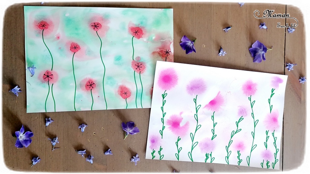 Activité créative enfants - Peindre des champs de fleurs et de coquelicots avec une technique type aquarelle - Eau + gouache en pastilles - découverte d'une technique de peinture - Dessin pour tiges, feuilles et coeurs des coquelicots, graphisme - Motricité fine - Créativité - Printemps - arts visuels maternelle et Cycle 1 et 2 - mslf