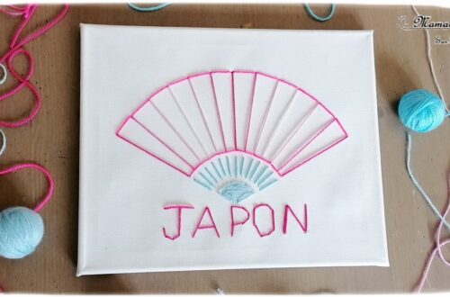 Activité créative enfants - Eventail japonais brodé sur toile - Broderie avec laine fine ou fil - Motricité fine - Réalisation d'un tableau - Géométrie - cercle et angles pour dessiner l'éventail - Créativité - Asie et Japon - Découverte d'un pays - Espace et géographie - arts visuels et atelier maternelle et Cycles 1, 2 et 3 - mslf