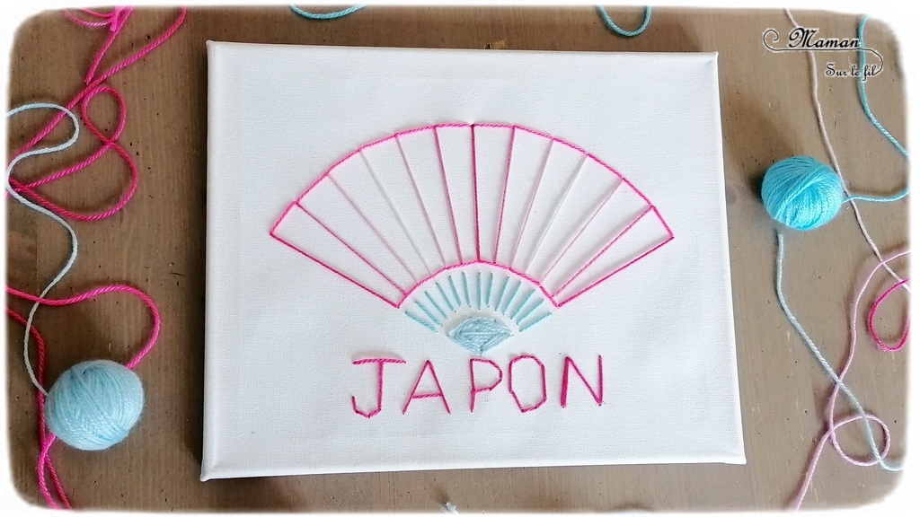 Activité créative enfants - Eventail japonais brodé sur toile - Broderie avec laine fine ou fil - Motricité fine - Réalisation d'un tableau - Géométrie - cercle et angles pour dessiner l'éventail - Créativité - Asie et Japon - Découverte d'un pays - Espace et géographie - arts visuels et atelier maternelle et Cycles 1, 2 et 3 - mslf