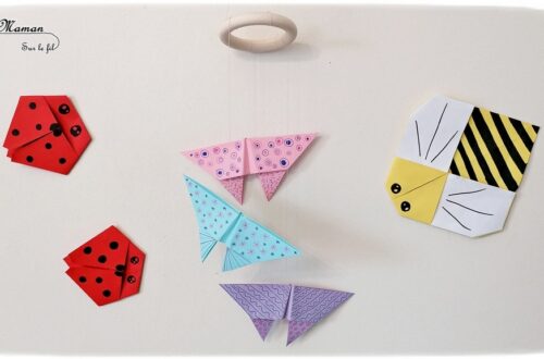 Activité créative enfants - Nuée insectes en origami - Abeille, coccinelle et mobile suspension de papillons graphiques - Graphisme et Pliage de papier, bricolage, DIY - Printemps - Découverte de l'Asie et Japon - Tutoriel - Découverte d'un pays - Espace et géographie - arts visuels et atelier maternelle et Cycles 2 et 3 - mslf