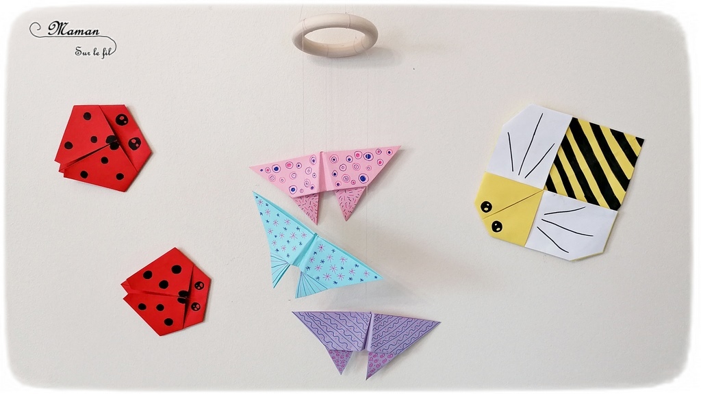 Activité créative enfants - Nuée insectes en origami - Abeille, coccinelle et mobile suspension de papillons graphiques - Graphisme et Pliage de papier, bricolage, DIY - Printemps - Découverte de l'Asie et Japon - Tutoriel - Découverte d'un pays - Espace et géographie - arts visuels et atelier maternelle et Cycles 2 et 3 - mslf