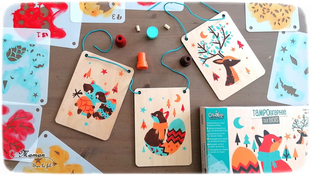 Activité enfants - Kit créatif - Tampographie sur bois - Animaux de la forêt - Cerf, raton et renard - tout matériel nécessaire - Tampons encreurs, Planchette de bois, pochoirs - Kit parfait pour l'automne - Coup de coeur pour les couleurs - Suspensions - réutilisable à souhait - mslf