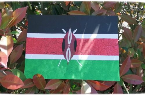 Activité créative enfants - Reproduire le drapeau kenyan en peinture au masking-tape et tampon rond, avec feuille de la nature pour le bouclier et dessin - Land Art - Technique ludique - Créativité - Afrique et Kenya - Découverte d'un pays - Espace et géographie - arts visuels et atelier maternelle et Cycle 1 et 2 - Eté - mslf