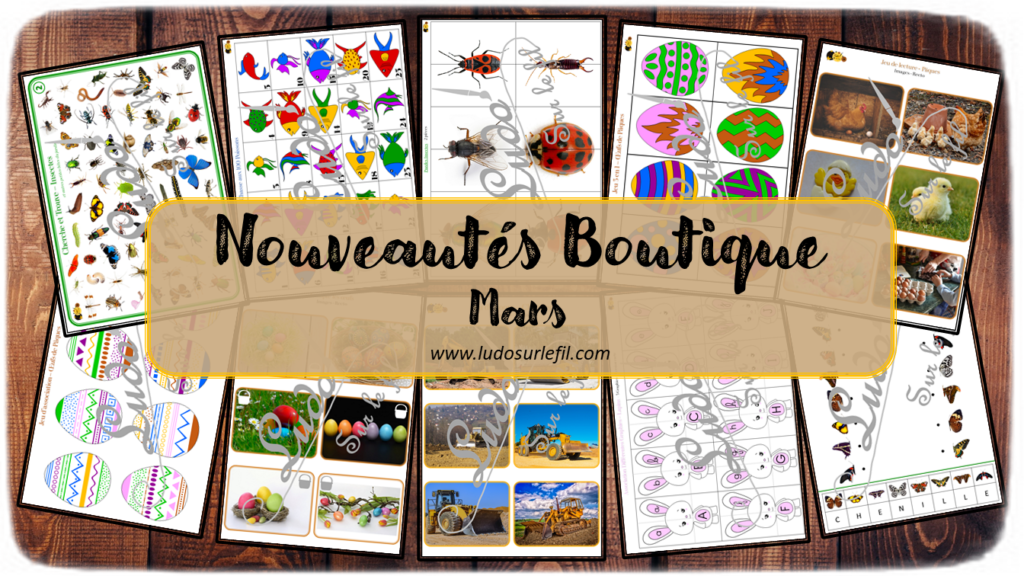 Nouveautés de mars - Boutique en ligne Ludo sur le fil - fichiers jeux pdf à imprimer - Printemps, animaux et insectes, poissons pour le 1er avril, Oeufs et lapins de Pâques, engins de chantier  - zoom, lecture, dénombrement, chasse aux 100, coloriages gratuits, livret enquête, puzzles, cherche et trouve, association, jeu 3 en 1, graphies - mslf