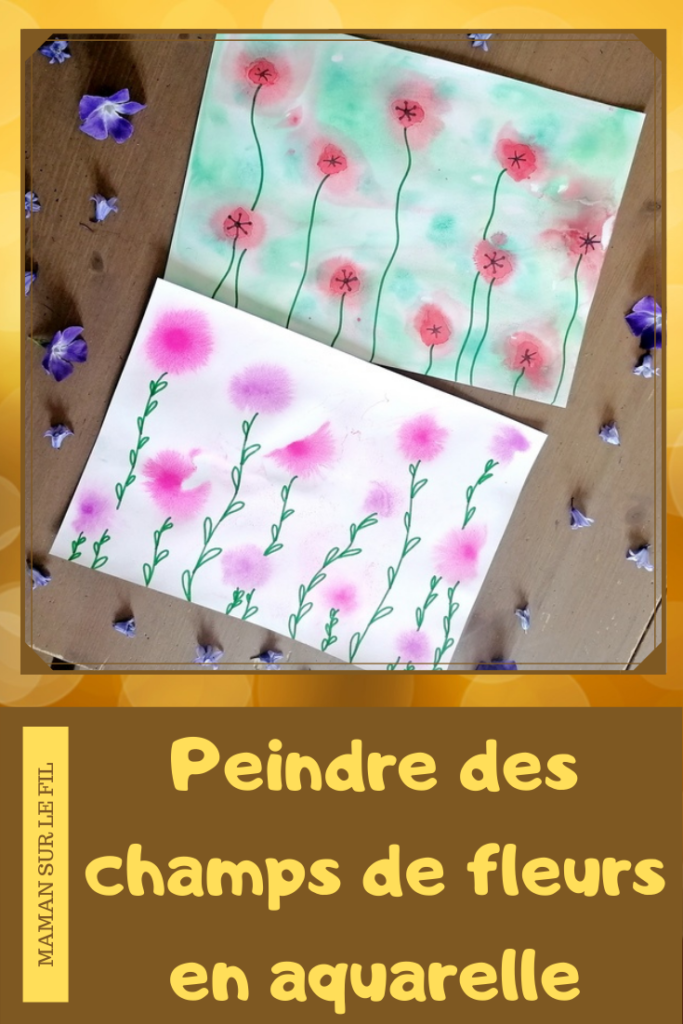 Activité créative enfants - Peindre des champs de fleurs et de coquelicots avec une technique type aquarelle - Eau + gouache en pastilles - découverte d'une technique de peinture - Dessin pour tiges, feuilles et coeurs des coquelicots, graphisme - Motricité fine - Créativité - Printemps - arts visuels maternelle et Cycle 1 et 2 - mslf