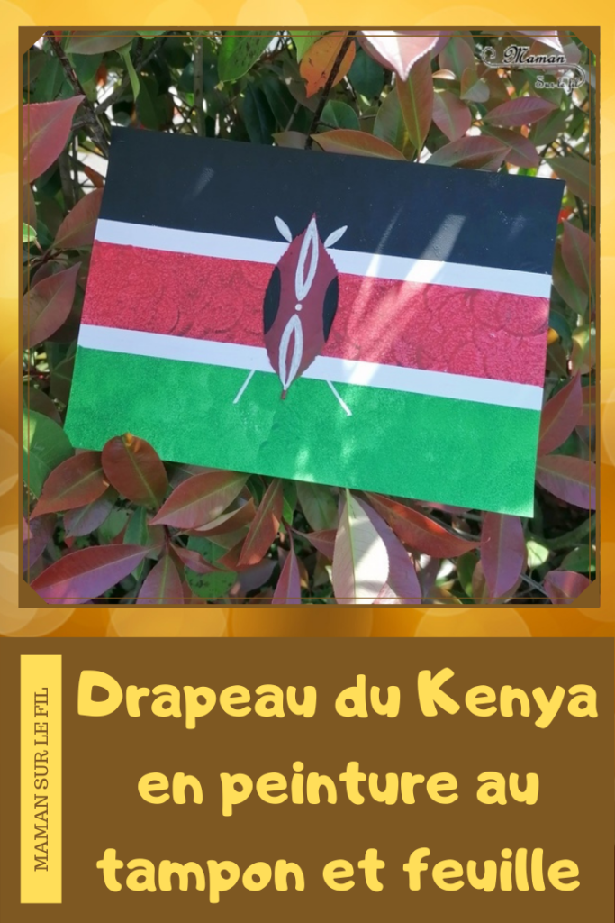 Activité créative enfants - Reproduire le drapeau kenyan en peinture au masking-tape et tampon rond, avec feuille de la nature pour le bouclier et dessin - Land Art - Technique ludique - Créativité - Afrique et Kenya - Découverte d'un pays - Espace et géographie - arts visuels et atelier maternelle et Cycle 1 et 2 - Eté - mslf