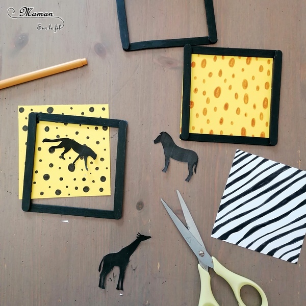 Activité créative et manuelle enfants - Fabriquer des petits tableaux aux couleurs des animaux de la savane - Pelage zèbre, girafe et guépard - Peinture et bâtonnets de glace en bois - Récup et bricolage - Tâches, points et rayures - Jeu sur couleurs et noir - Deux façons - Graphisme - créativité - DIY - Fait maison - Afrique et Kenya - Découverte d'un pays - Espace et géographie - arts visuels et atelier maternelle et Cycles 1, 2 ou 3 - Eté - mslf