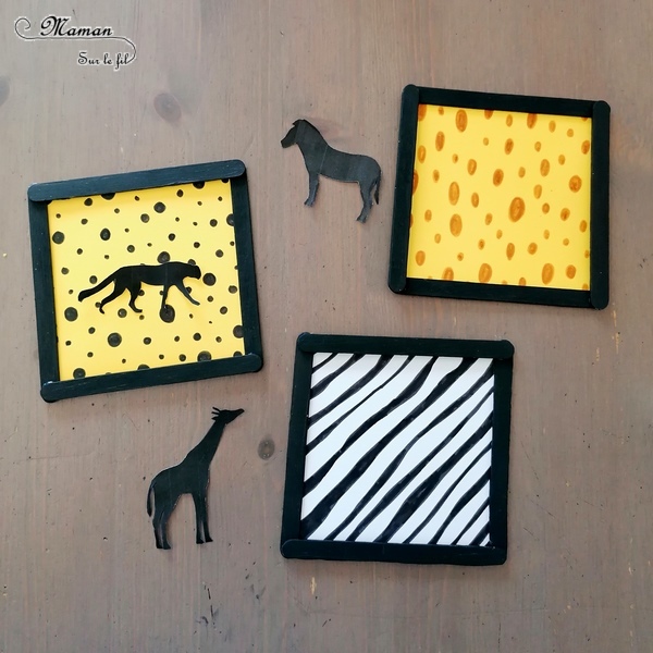 Activité créative et manuelle enfants - Fabriquer des petits tableaux aux couleurs des animaux de la savane - Pelage zèbre, girafe et guépard - Peinture et bâtonnets de glace en bois - Récup et bricolage - Tâches, points et rayures - Jeu sur couleurs et noir - Deux façons - Graphisme - créativité - DIY - Fait maison - Afrique et Kenya - Découverte d'un pays - Espace et géographie - arts visuels et atelier maternelle et Cycles 1, 2 ou 3 - Eté - mslf