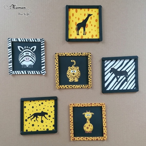 Activité créative et manuelle enfants - Fabriquer des petits tableaux aux couleurs des animaux de la savane - Pelage zèbre, girafe et guépard - Peinture et bâtonnets de glace en bois - Récup et bricolage - Tâches, points et rayures - Jeu sur couleurs et noir - Deux façons - Graphisme - créativité - DIY - Fait maison - Afrique et Kenya - Découverte d'un pays - Espace et géographie - arts visuels et atelier maternelle et Cycles 1, 2 ou 3 - Eté - mslf