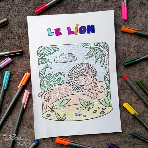 Activité créative et manuelle enfants - Colorier les animaux de la savane en écrivant - Coloriage éléphant, lion, zèbre - Plusieurs niveaux progressifs - Lettres, majuscules, cursive - Travail de l'écriture, du vocabulaire, de l'orthographe - Feutres - Créativité - Afrique et Kenya - Découverte d'un pays - Animaux de la savane - Espace et géographie - arts visuels et atelier maternelle et Cycle 1 et 2 - Eté - mslf