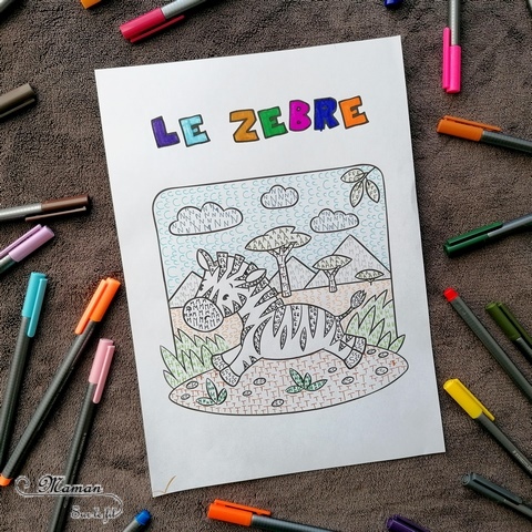 Activité créative et manuelle enfants - Colorier les animaux de la savane en écrivant - Coloriage éléphant, lion, zèbre - Plusieurs niveaux progressifs - Lettres, majuscules, cursive - Travail de l'écriture, du vocabulaire, de l'orthographe - Feutres - Créativité - Afrique et Kenya - Découverte d'un pays - Animaux de la savane - Espace et géographie - arts visuels et atelier maternelle et Cycle 1 et 2 - Eté - mslf