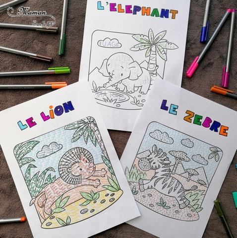 Activité créative et manuelle enfants - Colorier les animaux de la savane en écrivant - Coloriage éléphant, lion, zèbre - Plusieurs niveaux progressifs - Lettres, majuscules, cursive - Travail de l'écriture, du vocabulaire, de l'orthographe - Feutres - Créativité - Afrique et Kenya - Découverte d'un pays - Animaux de la savane - Espace et géographie - arts visuels et atelier maternelle et Cycle 1 et 2 - Eté - mslf