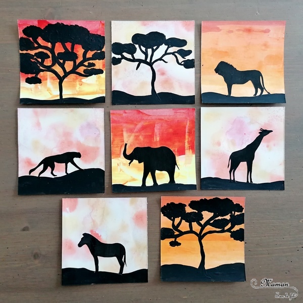 Activité créative et manuelle enfants - Peindre des petits carrés créatifs aux couleurs de la savane au coucher du soleil - Animaux et Arbre - Peinture à la raclette et aquarelle - Girafe, Eléphant, Zèbre, Guépard, Lion - Découpage - Collage - Techniques de peinture - Jeu sur couleurs et noir - Deux façons - créativité - DIY - Fait maison - Afrique et Kenya - Découverte d'un pays - Espace et géographie - arts visuels et atelier maternelle et Cycles 1, 2 - Projet collaboratif pour les services pédiatriques des hôpitaux - Eté - mslf