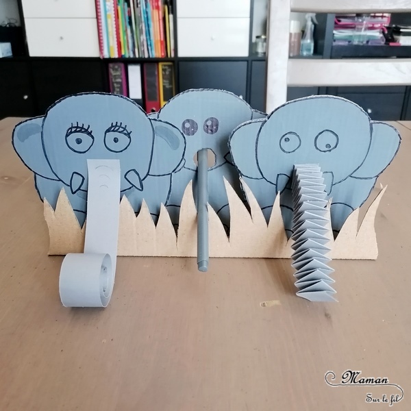 Activité créative et manuelle enfants - Fabriquer une famille Eléphant en carton - Herbes hautes de la savane - Jeu DIY - Créer la trompe de l'éléphant - Récup en carton et peinture - Bricolage 3D en relief - Fait maison - Afrique et Kenya - Découverte d'un pays - Animaux de la savane - Espace et géographie - arts visuels et atelier maternelle et Cycles 1 et 2 - Eté - mslf