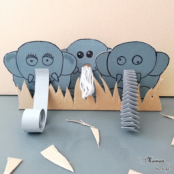 Activité créative et manuelle enfants - Fabriquer une famille Eléphant en carton - Herbes hautes de la savane - Jeu DIY - Créer la trompe de l'éléphant - Récup en carton et peinture - Bricolage 3D en relief - Fait maison - Afrique et Kenya - Découverte d'un pays - Animaux de la savane - Espace et géographie - arts visuels et atelier maternelle et Cycles 1 et 2 - Eté - mslf