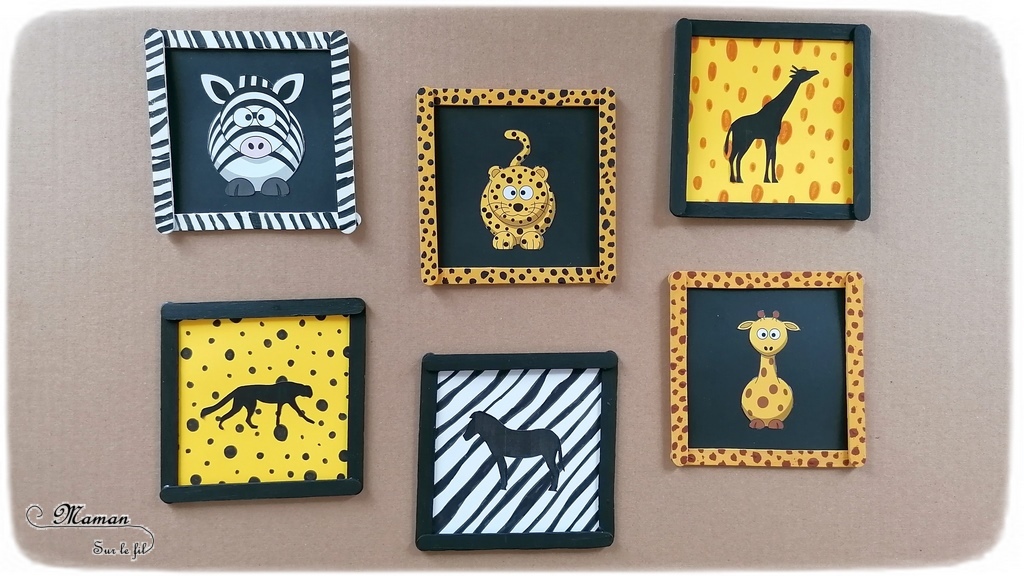 Activité créative et manuelle enfants - Fabriquer des petits tableaux aux couleurs des animaux de la savane - Pelage zèbre, girafe et guépard - Peinture et bâtonnets de glace en bois - Récup et bricolage - Tâches, points et rayures - Jeu sur couleurs et noir - Deux façons - Graphisme - créativité - DIY - Fait maison - Afrique et Kenya - Découverte d'un pays - Espace et géographie - arts visuels et atelier maternelle et Cycles 1, 2 ou 3 - Eté - mslf