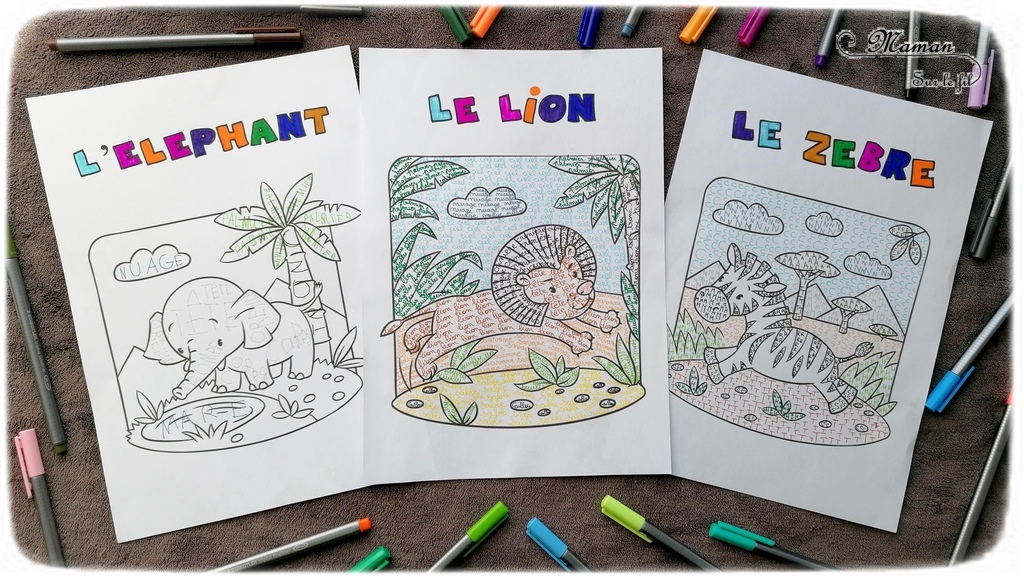 Activité créative et manuelle enfants - Colorier les animaux de la savane en écrivant - Coloriage éléphant, lion, zèbre - Plusieurs niveaux progressifs - Lettres, majuscules, cursive - Travail de l'écriture, du vocabulaire, de l'orthographe - Feutres - Créativité - Afrique et Kenya - Découverte d'un pays - Animaux de la savane - Espace et géographie - arts visuels et atelier maternelle et Cycle 1 et 2 - Eté - mslf