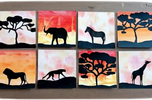 Activité créative et manuelle enfants - Peindre des petits carrés créatifs aux couleurs de la savane au coucher du soleil - Animaux et Arbre - Peinture à la raclette et aquarelle - Girafe, Eléphant, Zèbre, Guépard, Lion - Découpage - Collage - Techniques de peinture - Jeu sur couleurs et noir - Deux façons - créativité - DIY - Fait maison - Afrique et Kenya - Découverte d'un pays - Espace et géographie - arts visuels et atelier maternelle et Cycles 1, 2 - Projet collaboratif pour les services pédiatriques des hôpitaux - Eté - mslf