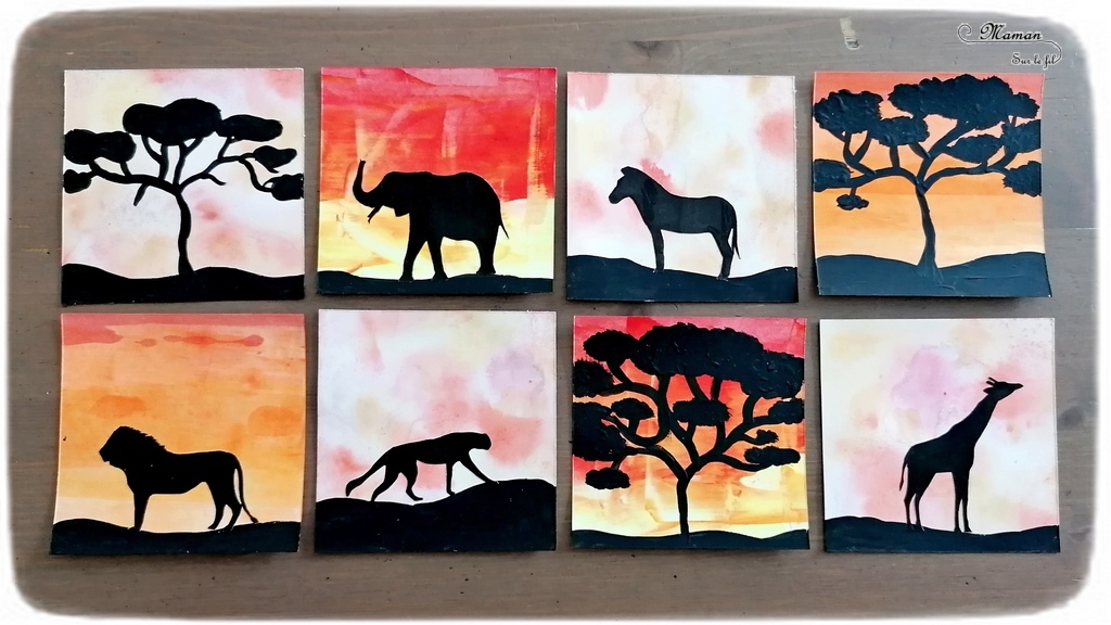 Activité créative et manuelle enfants - Peindre des petits carrés créatifs aux couleurs de la savane au coucher du soleil - Animaux et Arbre - Peinture à la raclette et aquarelle - Girafe, Eléphant, Zèbre, Guépard, Lion - Découpage - Collage - Techniques de peinture - Jeu sur couleurs et noir - Deux façons - créativité - DIY - Fait maison - Afrique et Kenya - Découverte d'un pays - Espace et géographie - arts visuels et atelier maternelle et Cycles 1, 2 - Projet collaboratif pour les services pédiatriques des hôpitaux - Eté - mslf