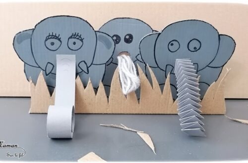 Activité créative et manuelle enfants - Fabriquer une famille éléphant en carton - Herbes hautes de la savane - Jeu DIY - Créer la trompe de l'éléphant - Récup en carton et peinture - Bricolage 3D en relief - Fait maison - Afrique et Kenya - Découverte d'un pays - Animaux de la savane - Espace et géographie - arts visuels et atelier maternelle et Cycles 1 et 2 - Eté - mslf