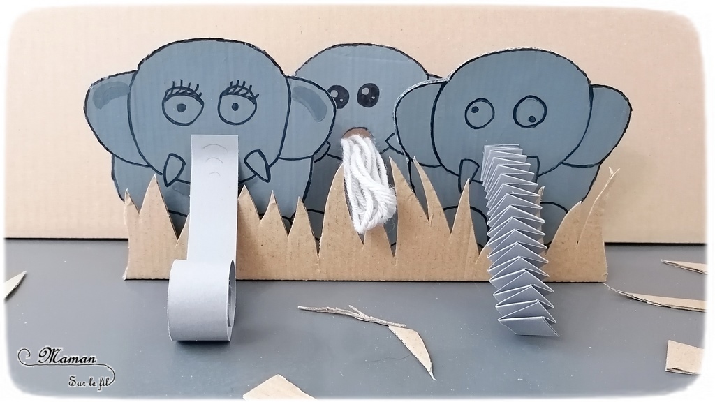 Activité créative et manuelle enfants - Fabriquer une famille éléphant en carton - Herbes hautes de la savane - Jeu DIY - Créer la trompe de l'éléphant - Récup en carton et peinture - Bricolage 3D en relief - Fait maison - Afrique et Kenya - Découverte d'un pays - Animaux de la savane - Espace et géographie - arts visuels et atelier maternelle et Cycles 1 et 2 - Eté - mslf