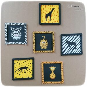 Activité créative et manuelle enfants - Fabriquer des petits tableaux aux couleurs des animaux de la savane - Pelage zèbre, girafe et guépard - Peinture et bâtonnets de glace en bois - Récup et bricolage - Tâches, points et rayures - Jeu sur couleurs et noir - Deux façons - Graphisme - créativité - DIY - Fait maison - Afrique et Kenya - Découverte d'un pays - Espace et géographie - arts visuels et atelier maternelle et Cycles 1, 2 ou 3 - Eté - mslf