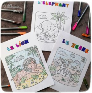 Activité créative et manuelle enfants - Colorier les animaux de la savane en écrivant - Coloriage éléphant, lion, zèbre - Plusieurs niveaux progressifs - Lettres, majuscules, cursive - Travail de l'écriture, du vocabulaire, de l'orthographe - Feutres - Créativité - Afrique et Kenya - Découverte d'un pays - Animaux de la savane - Espace et géographie - arts visuels et atelier maternelle et Cycle 1 et 2 - Eté - mslf