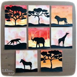 Activité créative et manuelle enfants - Peindre des petits carrés créatifs aux couleurs de la savane au coucher du soleil - Animaux et Arbre - Peinture à la raclette et aquarelle - Girafe, Eléphant, Zèbre, Guépard, Lion - Découpage - Collage - Techniques de peinture - Jeu sur couleurs et noir - Deux façons - créativité - DIY - Fait maison - Afrique et Kenya - Découverte d'un pays - Espace et géographie - arts visuels et atelier maternelle et Cycles 1, 2 - Projet collaboratif pour les services pédiatriques des hôpitaux - Eté - mslf