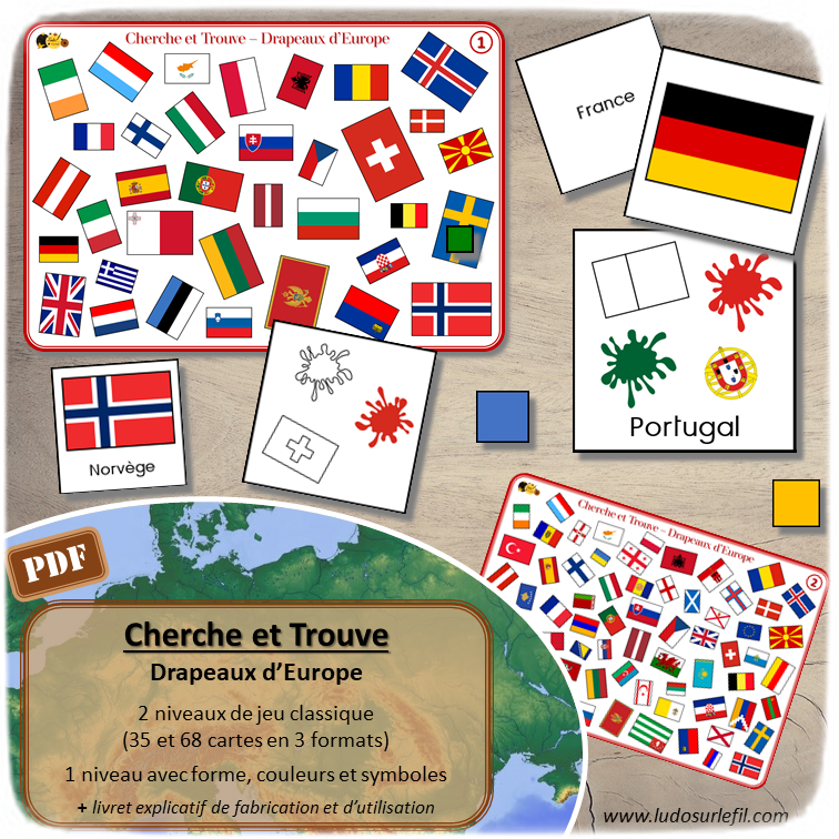 Cherche et Trouve - Drapeaux d'Europe - 3 niveaux progressifs (dont un avec des codes formes et couleurs) - Différents formats de cartes (Drapeaux seuls, avec noms...) - Géographie - Jeu PDF à télécharger et à imprimer ou imprimé - lslf