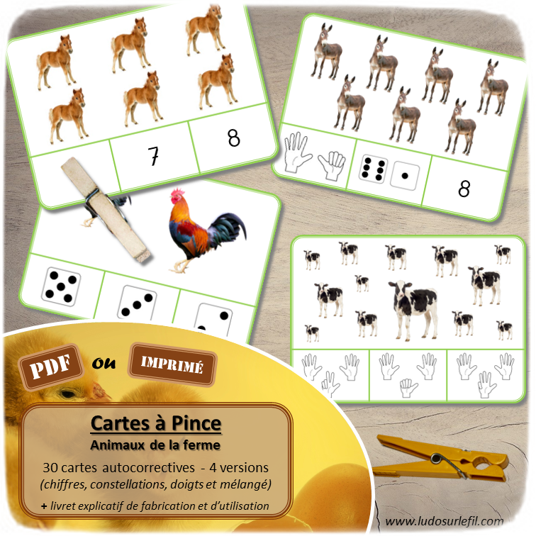 Jeu de cartes à pince de dénombrement de 1 à 15 - Thème Animaux de la ferme et de la basse-cour - 30 cartes autocorrectives avec différentes représentations des nombres - constellations du dé, chiffres, doigts de la main, mélangé - compter de 1 à 15 - 120 cartes réparties en 4 niveaux de difficulté - progressif - Autocorrection au dos - Atelier autonome maternelle ou élémentaire - Cycles 1 et 2 - Document PDF à télécharger et imprimer ou jeu imprimé - Motricité fine et pince Pouce-Index avec pinces à linge - ludique - lslf