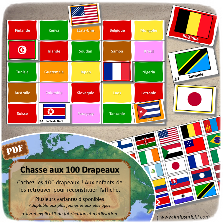 Chasse aux 100 drapeaux - Chasse géante - Discrimination visuelle, patience - Thème Géographie - Plusieurs versions pour travailler différentes compétences - Jeu à télécharger et à imprimer - Format PDF - lslf