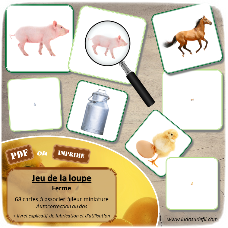 Jeu de la loupe - Ferme - Animaux de la ferme, personnages, lieux, objets, outils, véhicules... - Entrainement à l'utilisation de la loupe pour associer photos et miniatures- Vocabulaire, lexique - cartes à associer aux ombres - document PDF à télécharger et à imprimer ou jeu imprimé - atelier autocorrectif et autonome maternelle - lslf