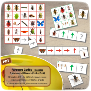 Jeu à imprimer - Parcours codés - Insectes - Thème printemps - Deux grilles et défis de difficulté progressive - atelier autonome et autocorrectif Maternelle et Cycle 2 - Boutique en ligne de jeux à télécharger et à imprimer - Fichier PDF - Ludo sur le fil