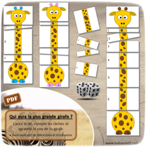Jeu à imprimer - Qui aura la plus grande girafe - Lance le dé, compte les points et agrandis le cou de ta girafe avec le bon nombre de tâches - Jeu de dénombrement et de mathématiques - Travail sur les longueurs - Différentes représentation des chiffres - Additions et dénombrement jusqu'à 12 - Maternelle et Cycle 2 - Boutique en ligne de jeux à télécharger et à imprimer - Fichier PDF - Ludo sur le fil