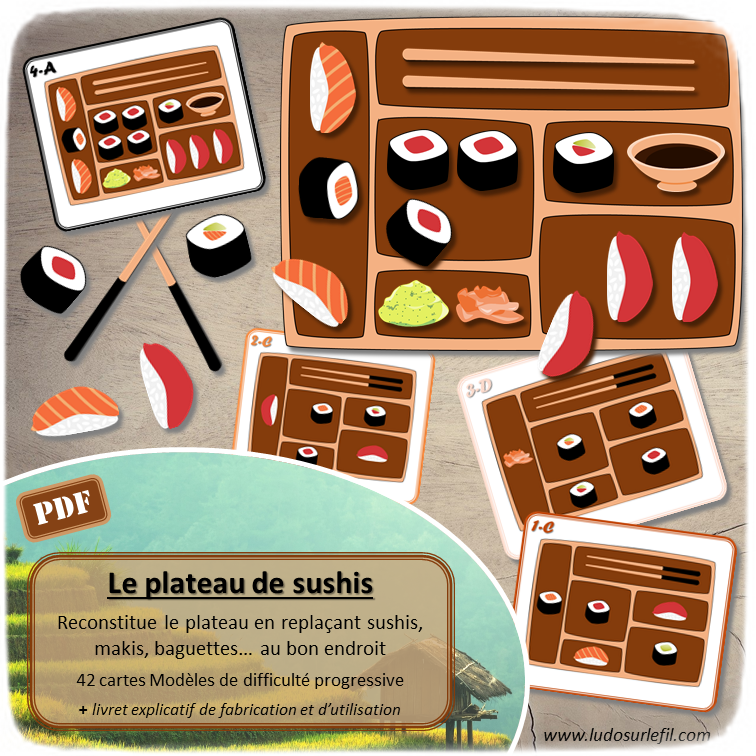 Le plateau de sushis - Jeu de placement, de repérage spatial et de reproduction de modèles sur le thème du Japon - Plusieurs niveaux progressifs - Asie, sushis, makis, baguettes, sauce soja... - Jeu PDF à télécharger et à imprimer - lslf