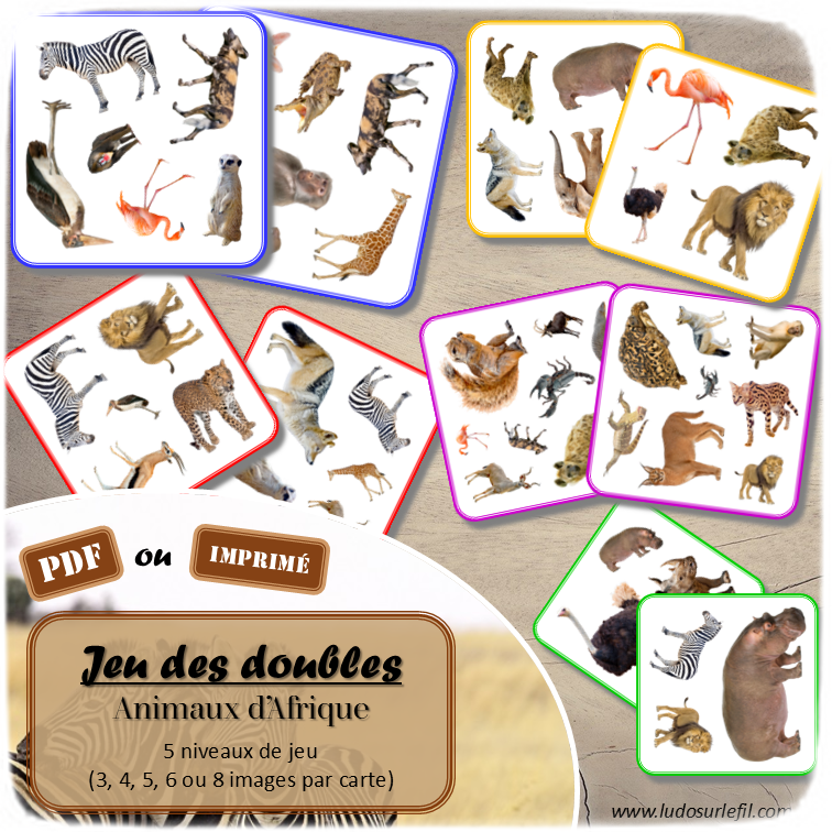 Jeu des doubles - Animaux de la savane et d'Afrique : mammifères, félins, insectes, oiseaux, reptiles... - 5 niveaux progressifs (3 4 5 6 ou 8 images) - Dobble - jeu pour travailler la discrimination visuelle, la rapidité l'observation et le lexique / vocabulaire autour des animaux de la savane, du désert et d'Afrique - Document PDF à télécharger et à imprimer ou jeu imprimé - lslf
